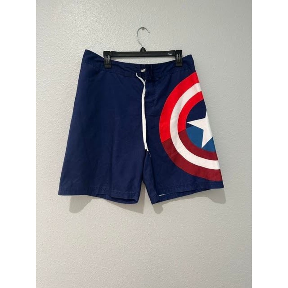 Marvel Captain America Board Shorts Mens Medium Navy Blue Shield Swim Trunks